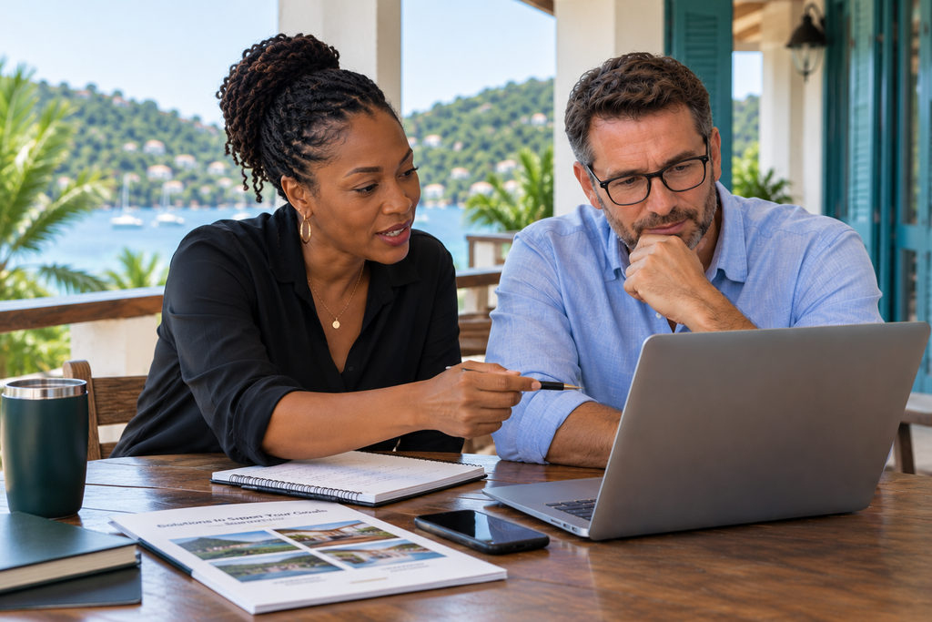 Business professionals reviewing product and service options on a laptop during a consultation in a Caribbean setting.