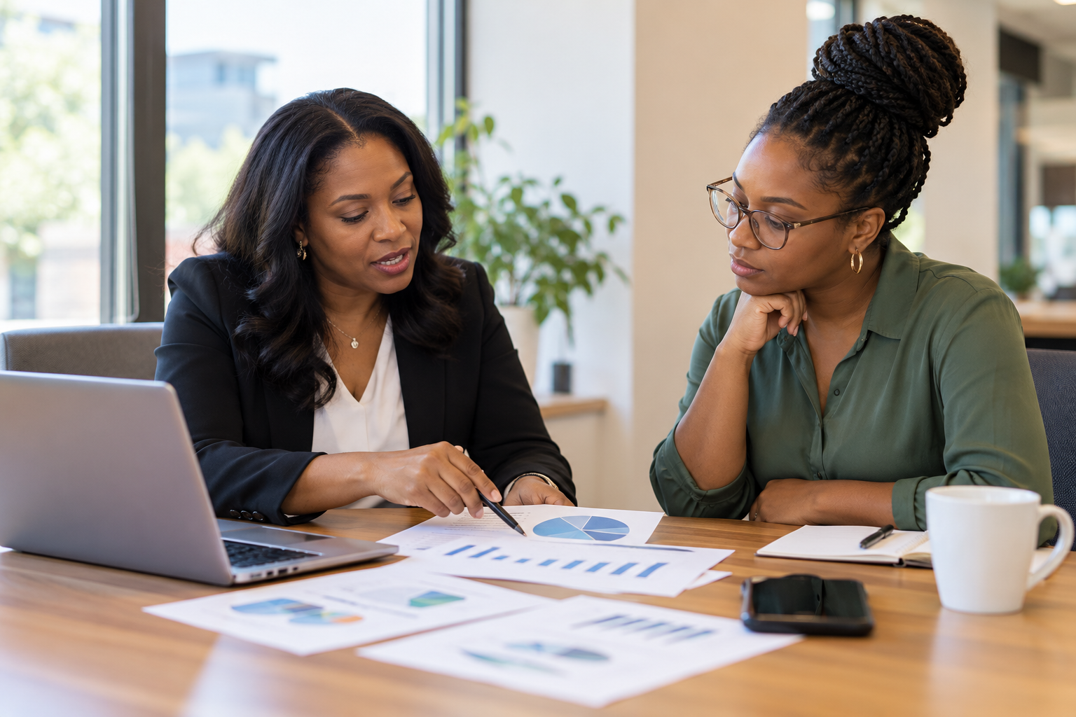 Two business professionals reviewing customer insights and marketing performance reports.