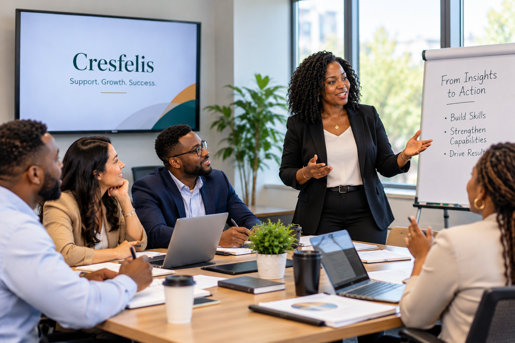 A facilitator leads a diverse group of professionals in an interactive business training and development workshop.